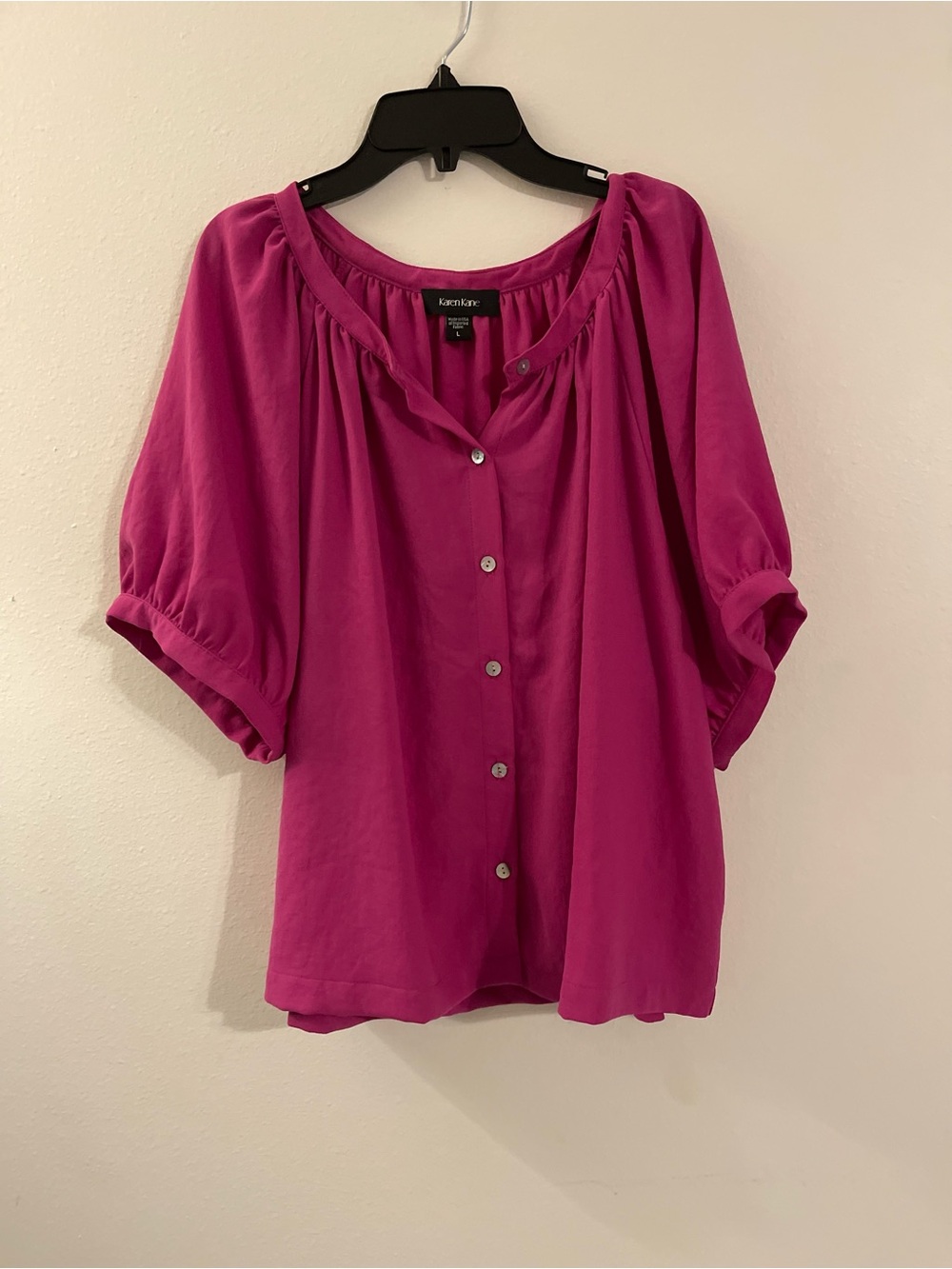 Karen Kane Magenta Button-Front Short-Sleeve Blouse